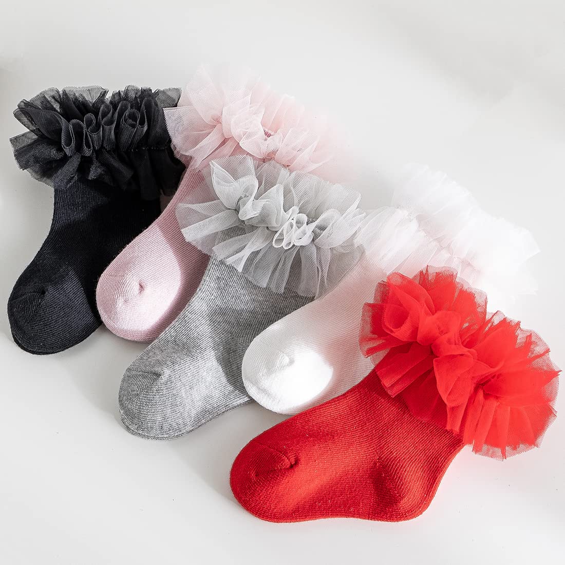 HOUSEYUAN Calcetines de vestir para niñas pequeñas, con volantes, de algodón, de punto, con volantes, color blanco