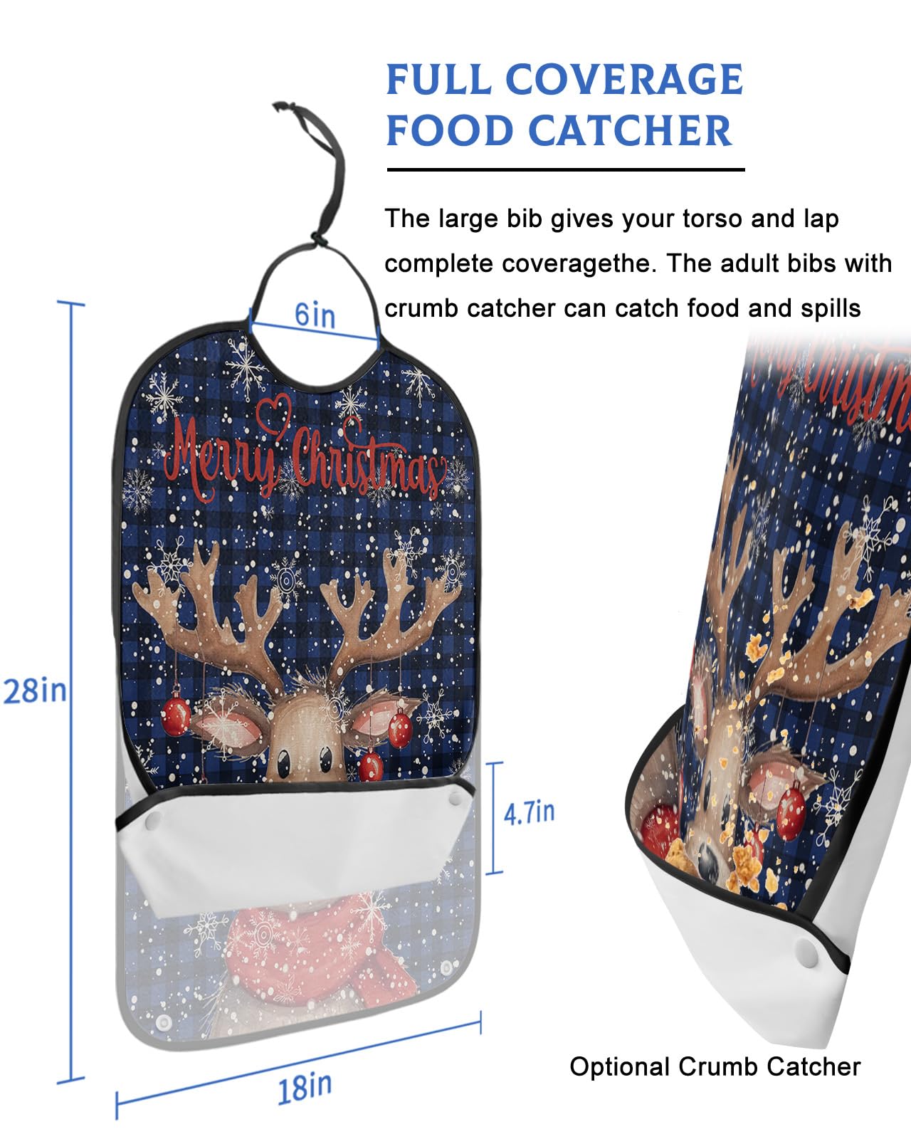 LEOKOTI Christmas Elk Adult Bibs for Eating, Waterproof Bibs with Food Catcher & Adjustable Snap Closure, Blue Black Plaid Xmas Deer Snowflake Washable Clothing Protectors Adult Bibs for Elderly