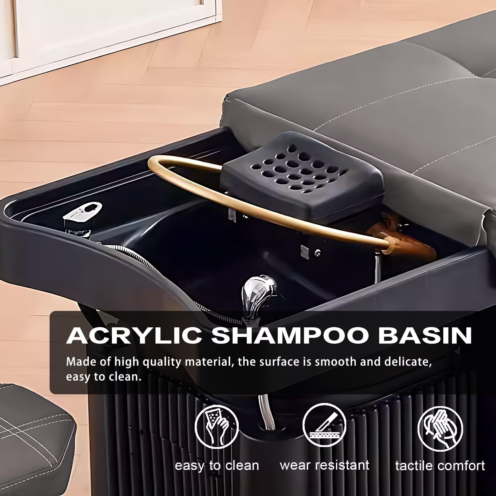 Professionelle Salon-Shampoo-Massageliege, Kopf-Spa-Ausstattung mit schwarz gestreiftem Sockel, Kosmetiktisch, viel Stauraum, Wasserkreislauf & Begasung (grau)