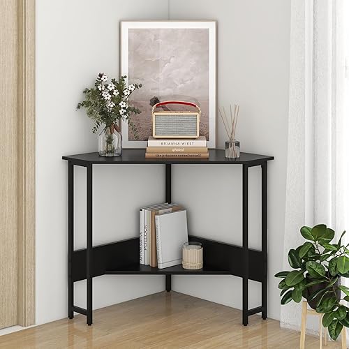 Miniatura 18 de Escritorio esquinero industrial, escritorio de computadora con toma de corriente, estantes de almacenamiento y marco de metal, escritorio de madera