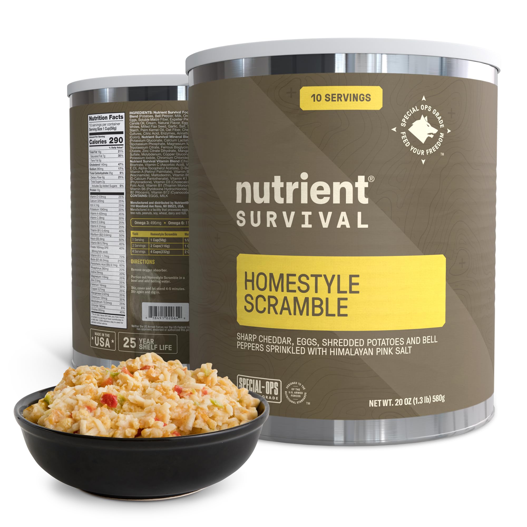 Homestyle Scramble Eggs High Protein Meal (10 Servings) Freeze Dried Prepper Supplies & Emergency Food Supply, 40 Essential Nutrients, Shelf Stable Up to 25 Years, One Can