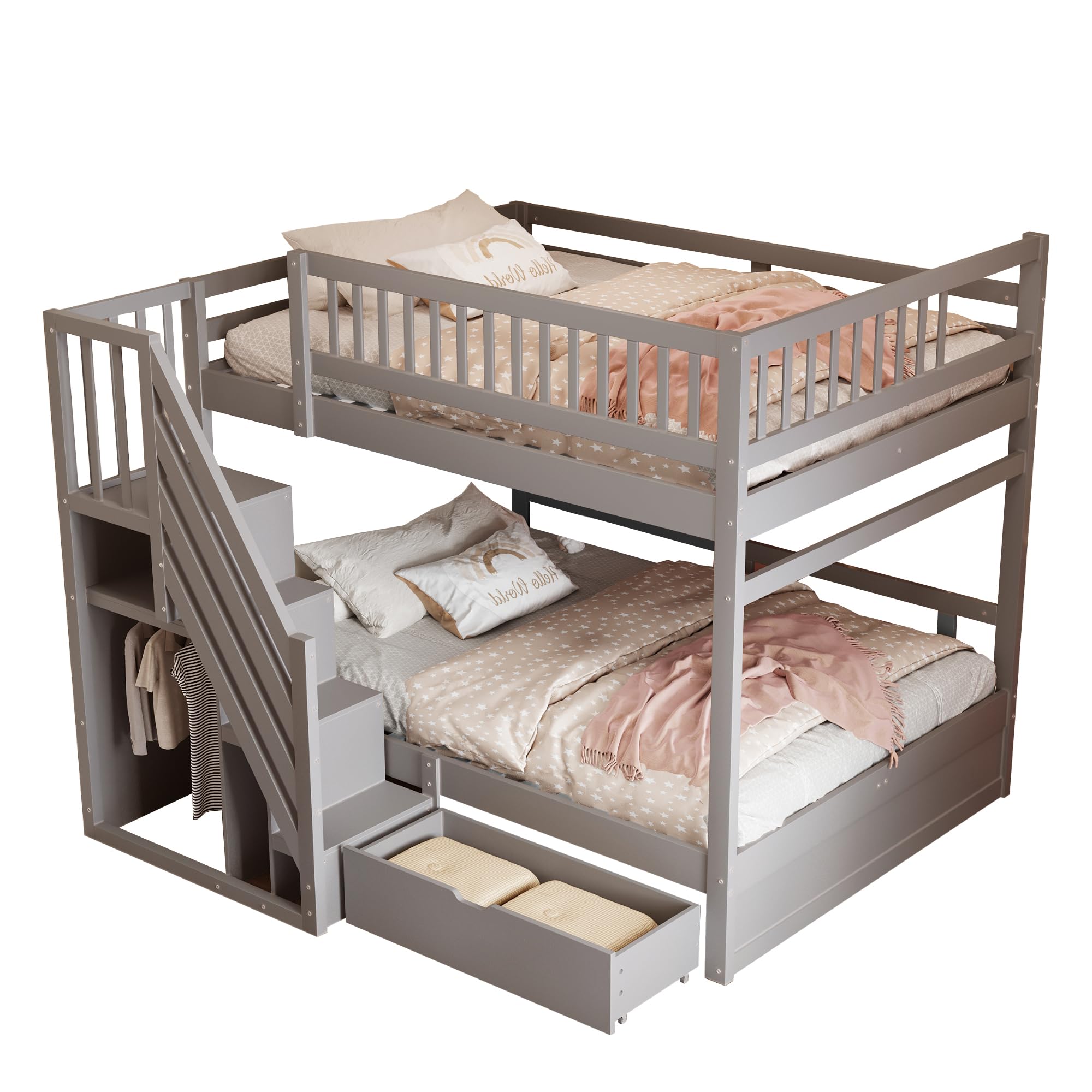 Kinderbett Etagenbett 140x200, Hochbett für 4 Kinder, Stockbett mit Treppe&Aufbewahrungsschrank&Schublade, Holzbett Jugenbett Funktionsbett mit Lattenrost&Rausfallschutz,Kiefernholz,Ohne Matratze,Grau