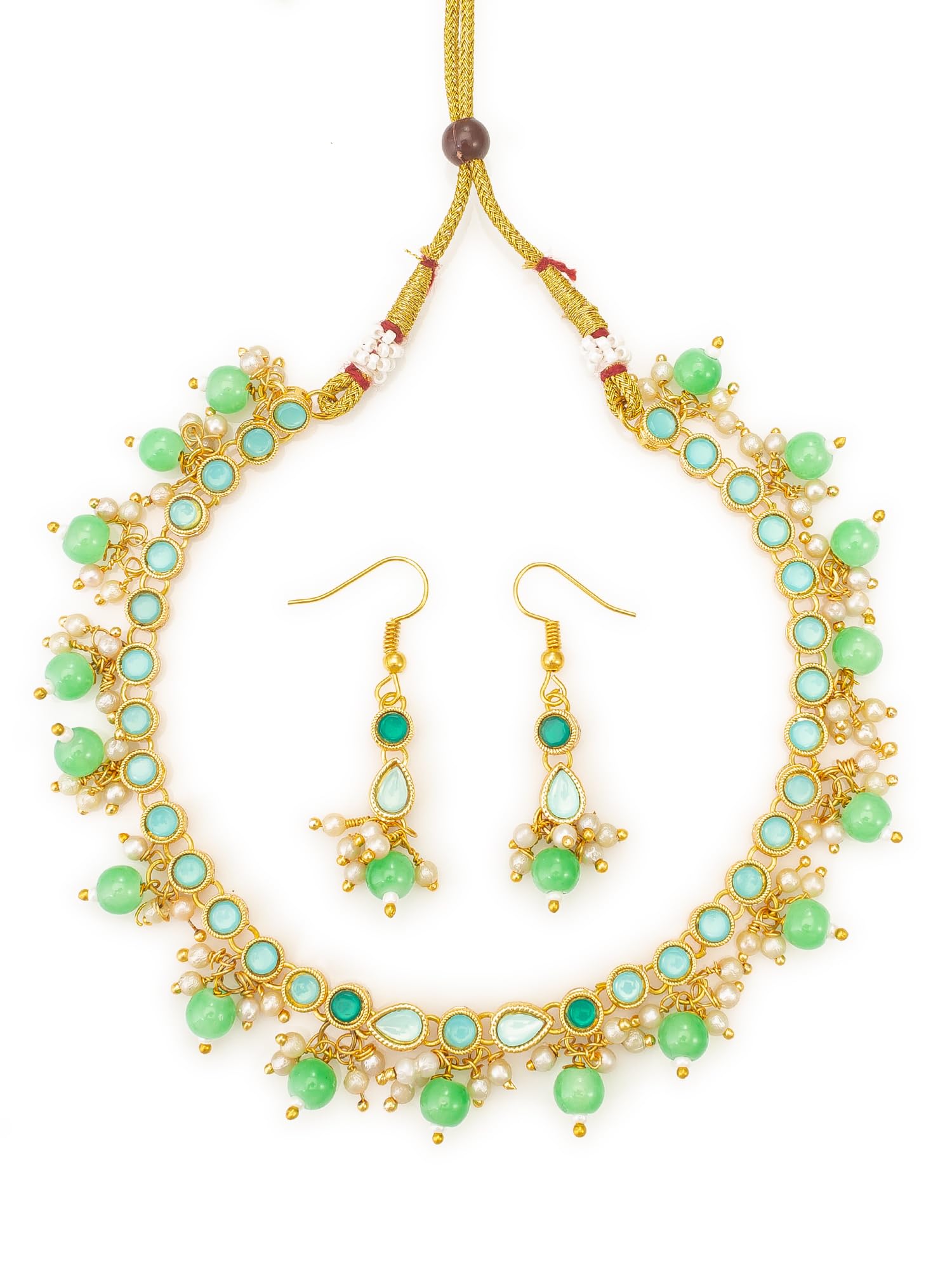 Green Beads Ethnic Choker Necklace Earring & Ring Set For Women-NK4706