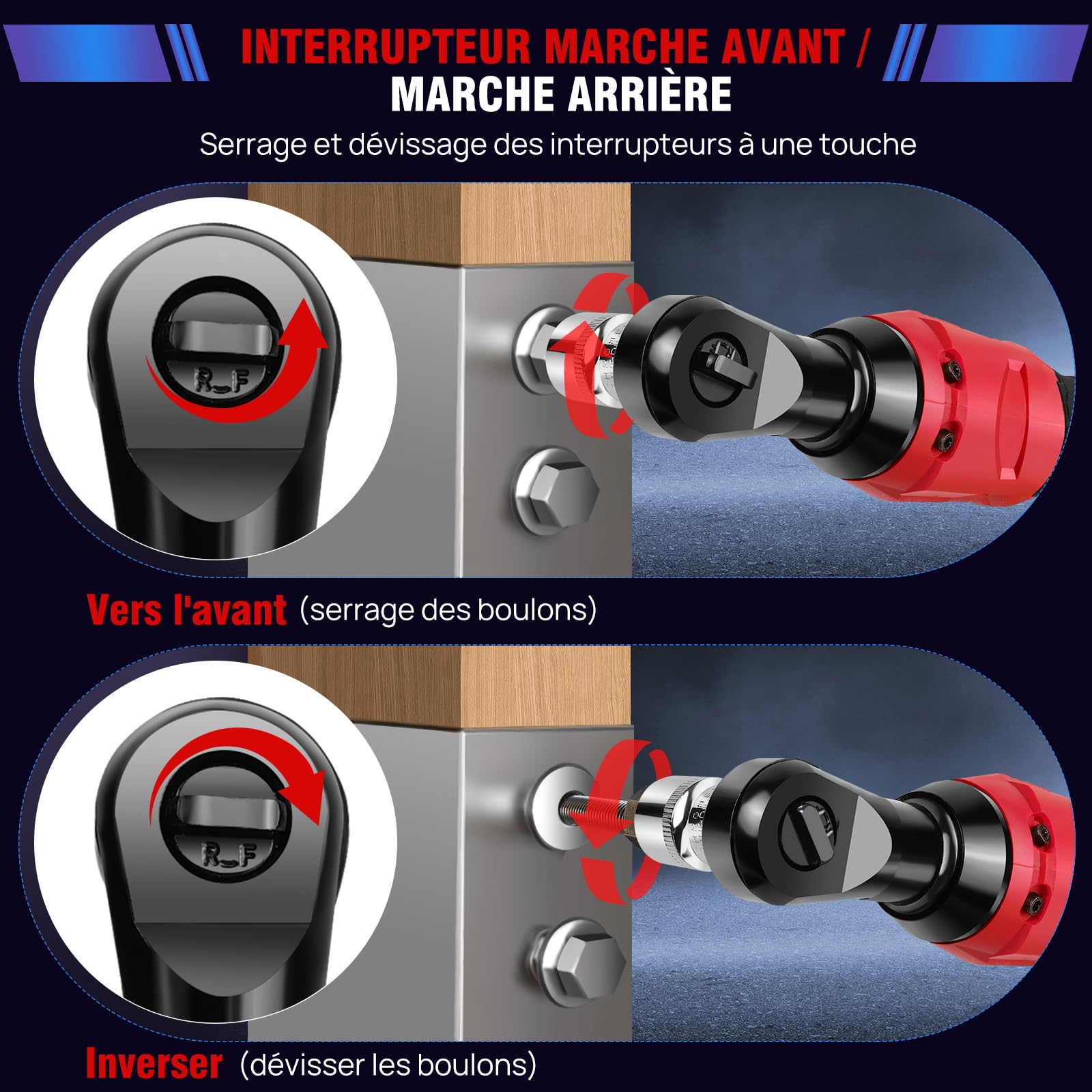 Clé à Cliquet Sans Fil 3/8'', Trousse à outils pour clé à angle droit 90°, 12V Électrique cliquet Clé avec lampe de travail à LED, 300RPM 40Nm Clé à cliquet, 2x1,5Ah batteries Charge rapide, 7 prises