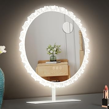 BSTSEL Vanity Mirror with Adjustable LED Lights, Petal Edge Round Lighted Makeup Mirror with USB Output Port, Smart Touchscreen Control Tabletop Mirror for Dressing Table Bedroom