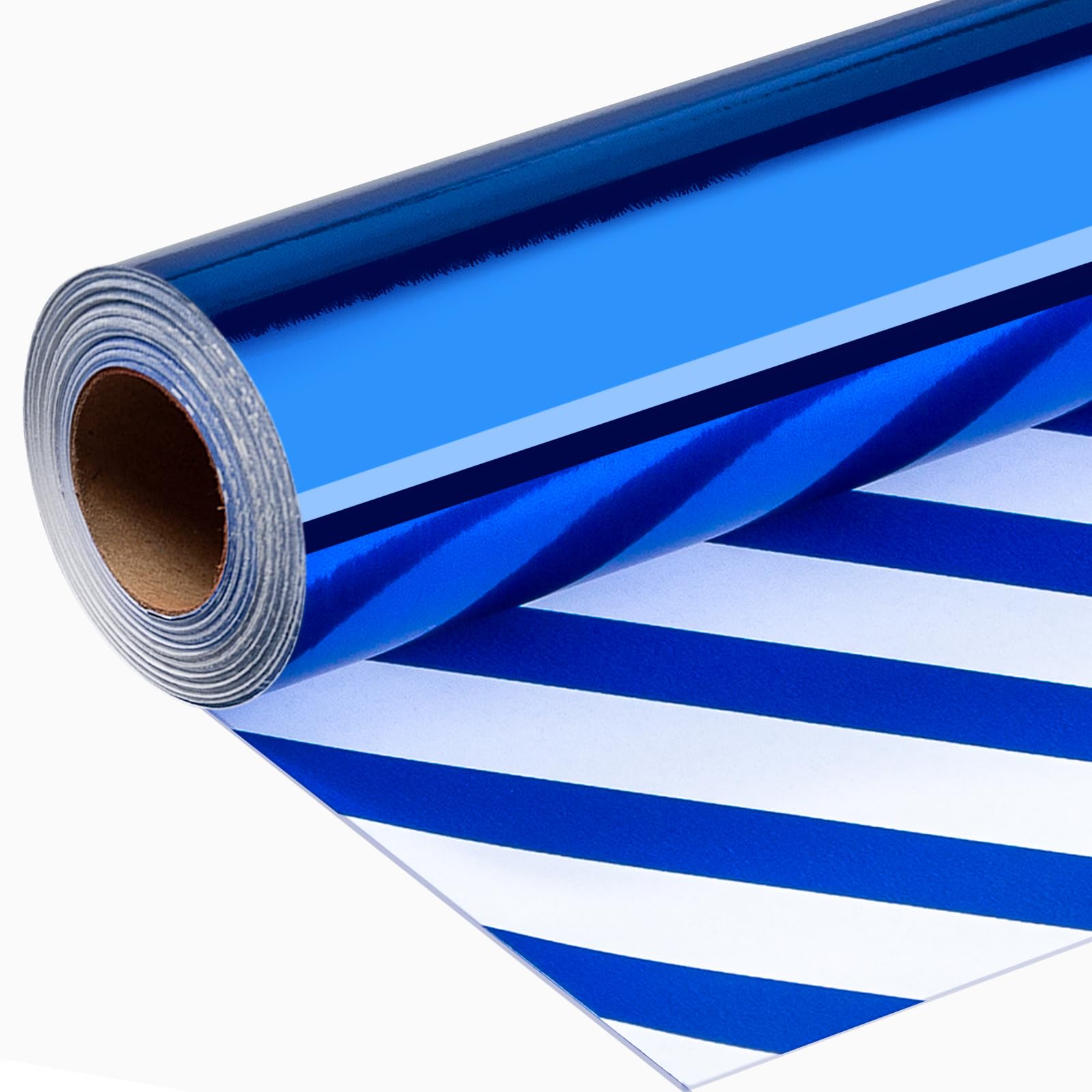 Wikadlik Blue Wrapping Paper - Metallic Blue Solid Color and Stripes Reversible Gift Wrap Paper for Birthday, Fathers Day, Christmas, Baby Shower - 43cm x 10m Mini Roll — image 1