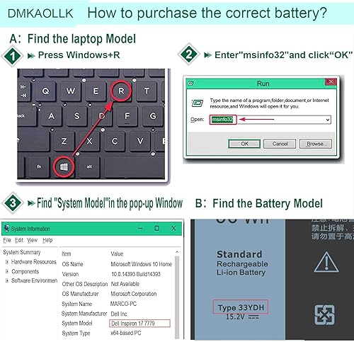 Miniatura 7 de DMKAOLLK Batería de portátil de 56 WH 33 YDH para Dell Inspiron 17 7000 7778 7779 7786 7773 15 7577 G3 3579 3779 G5 5587 G7 7588 Latitude 13 3380 14