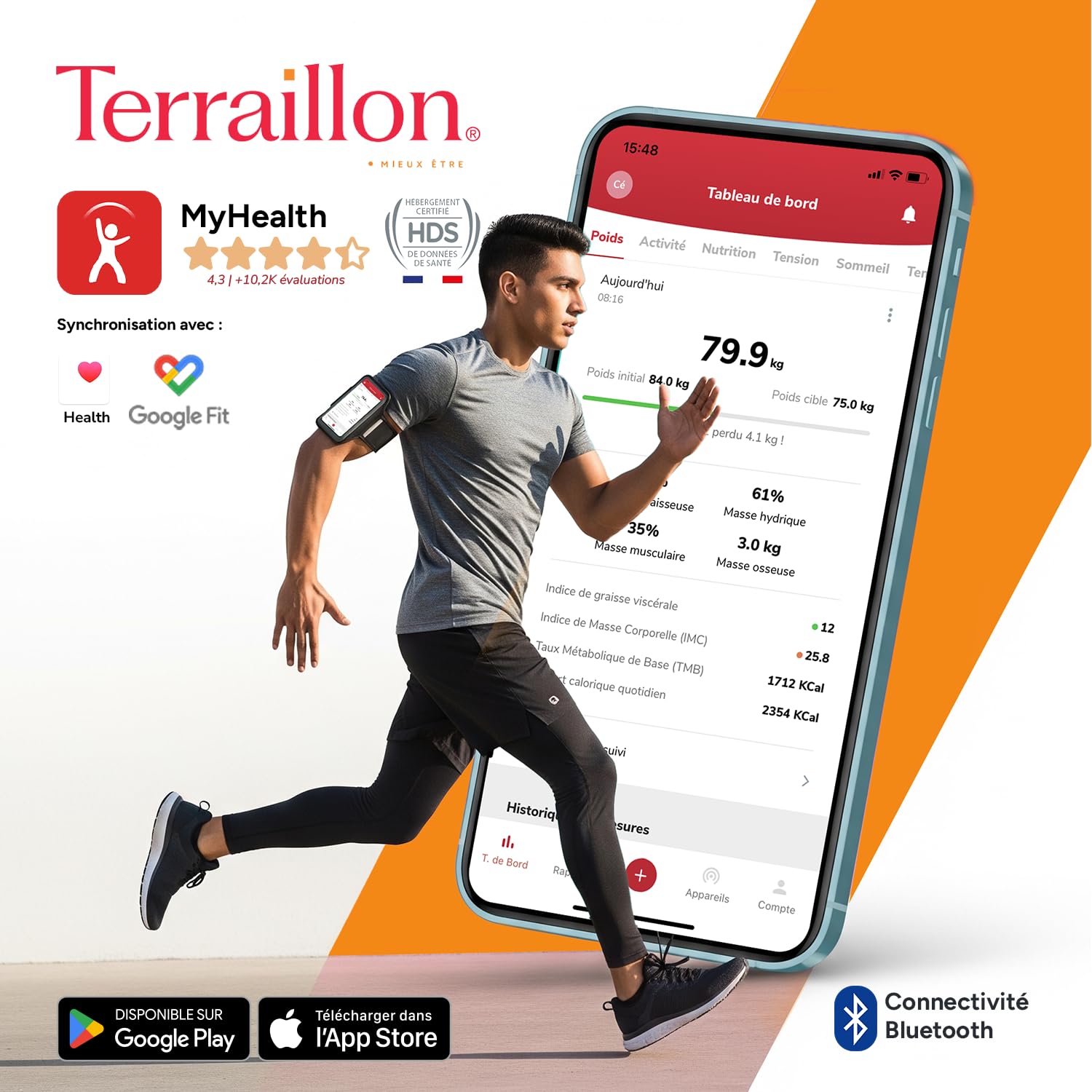 TERRAILLON - COLOR CONNECT - Połączona waga Bluetooth, tętno, masy: tłuszcz-mięśnia-wodno-kostna, BMI, pojemność 180 kg, podziałka 50g, kolorowy wyświetlacz Multi Display, Niebieski