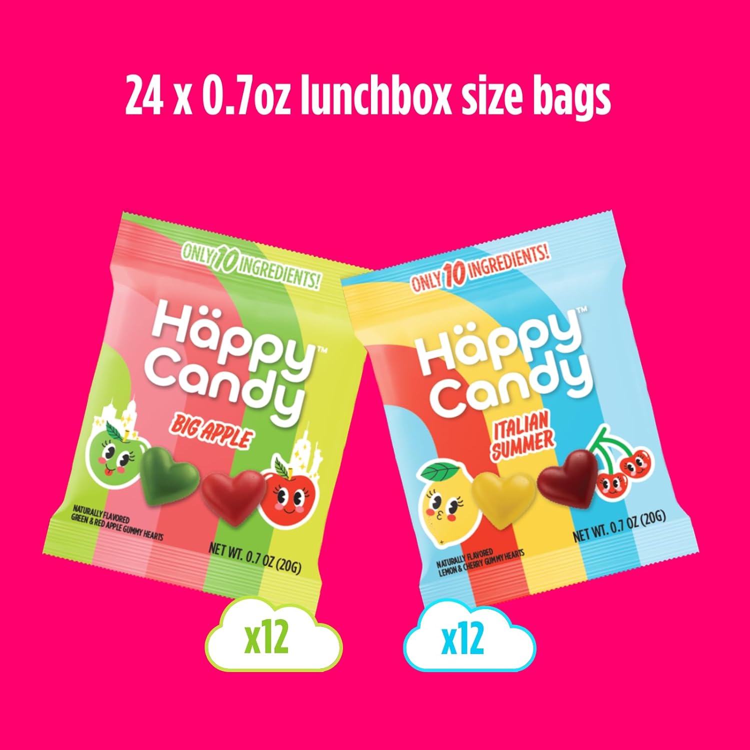 Mini Gummy Candy Variety Pack 24 Count 0.7 oz Bags Big Apple & Italian Summer 70% Less Sugar Vegan Non GMO Gluten Free No Alternative Sweeteners Kids Lunchbox Snacks