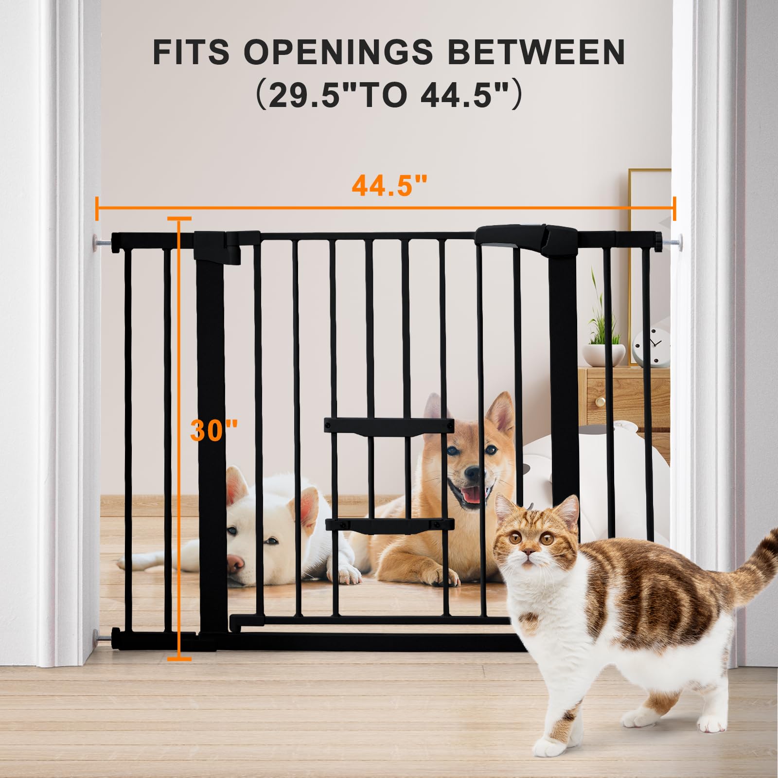 Tiovo Baby Gate with Cat Door Adjustable, 29.5"-44.5" Auto Close Safety Dog Gate for Stairs, Doorway, House, Kitchen, Pressure Mounted & Dual-Lock Design Durable Pet Gate with Small Pet Door, Black