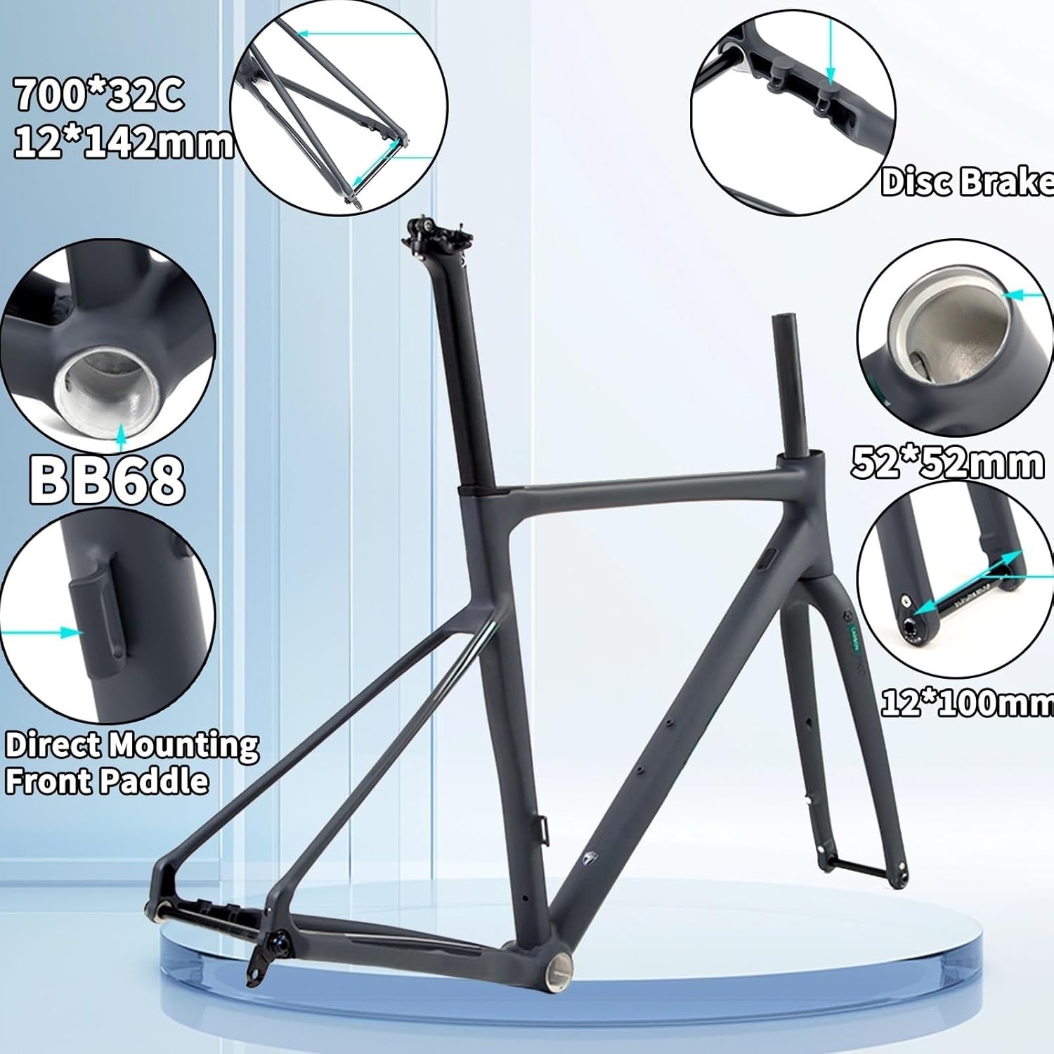 700C Road Bike Frameset 41cm/45cm/48cm/51cm/54cm Aluminum Alloy Frameset with Carbon Fiber Fork Disc Brake Thru Axle Frame F12×100MM R12×142MM Internal Routing