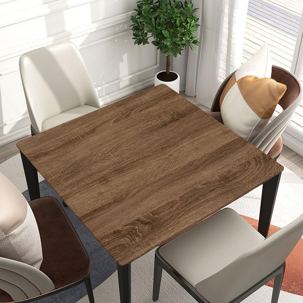 Fitted Table Cover for Dining Room, Square Elastic Edge Polyester Tablecloth in Vintage Wood Plank Design, Washable & Wrinkle-Resistant for Banquet and Restaurant, Fitted for 60"x60" Table, Satyl340