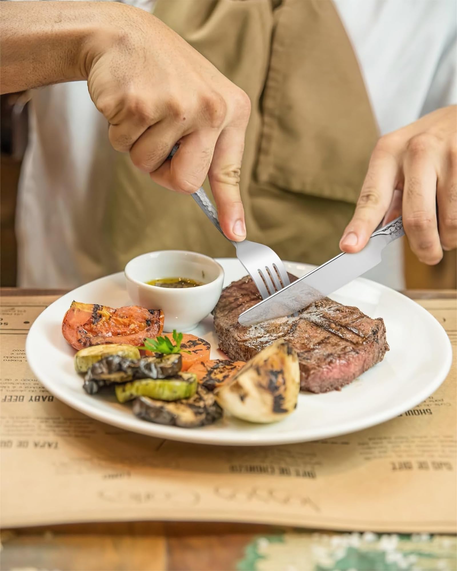 Juego de cubiertos de acero inoxidable martillado plata, 24 piezas, resistente, para 6 personas, apto para uso alimentario, con espejo para restaurantes y hogares
