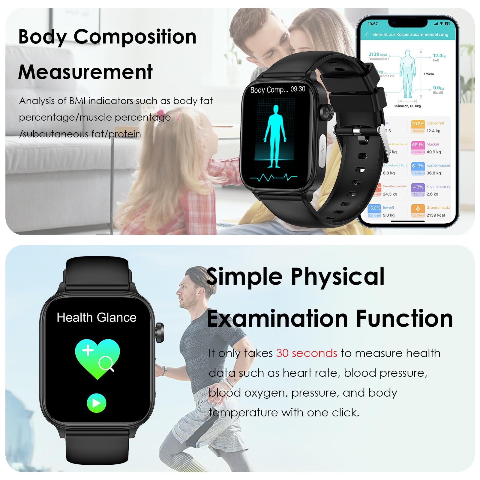 Marsyu Smartwatch Uomo con ECG/Acido Urico/Pressione Sanguigna/Sonno/BMI/Temperatura Corporea/Cardiofrequenzimetro,1,96" Orologio con Funzione Telefono,Pulsante SOS (Casual, 1.96inch)