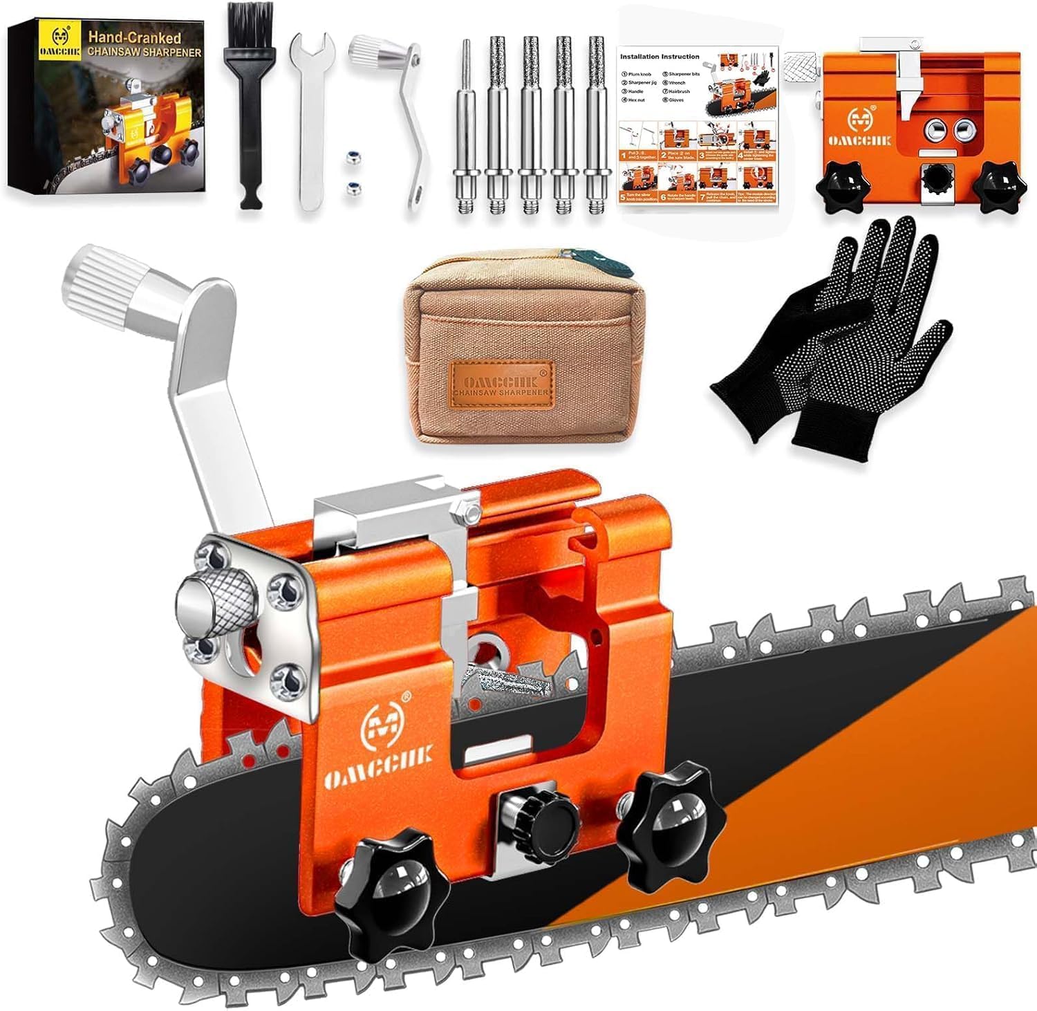 Chainsaw Sharpener Jig,5 Tungsten Bits&amp;Çarry Bag for 4-22" Chain Sharpening