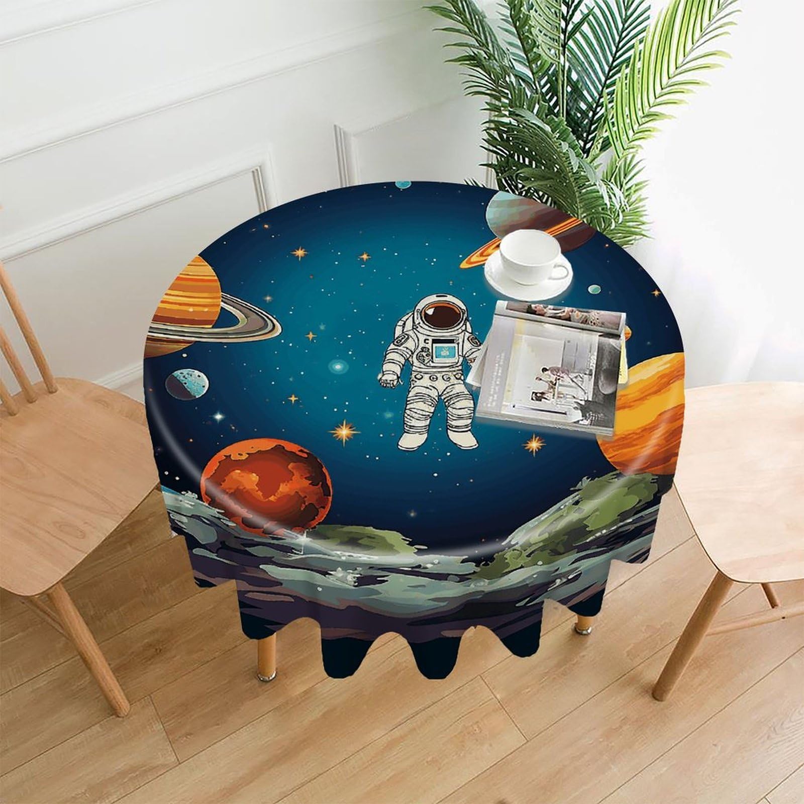 FekiLoot Outer Space Rocket Astronaut Round Tablecloth Cover 60 Inch Wrinkle Free Washable Polyester Fabric Table Cover Decorative Round Table Cloth for Home Dining Kitchen Party Farmhouse