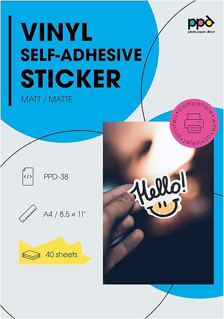 PPD 40 Sheets A4 Inkjet Printable White Matt Self Adhesive Vinyl Sticker Paper Waterproof PPD-38-40