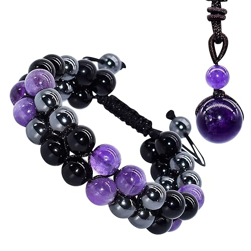 XonyiCos Triple Protection Bracelet,Made by hand Crystal Bracelet for Men Women Amethyst Beads Hematite and Black Obsidian Natural Stone 8mm Healing