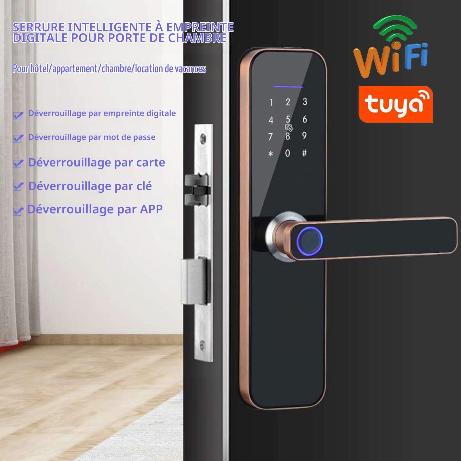 Serrure de Porte Intelligente avec Entrée sans Clé,Clé D'application WiFi Intelligente,Déverrouillage par Empreinte Digitale Biométrique, Serrure de Porte D'entrée sans Clé,Poignée de Porte D'entré