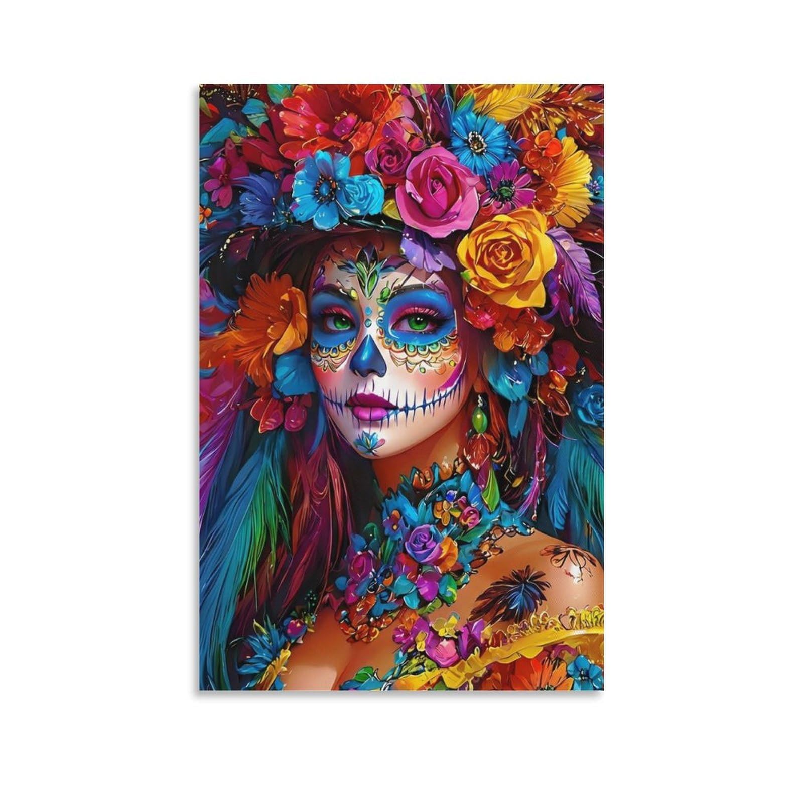DHBANEIOK Day of Dead Woman Poster Artwork Giclee Canvas Prints Modern Wall Art Picture Wall Hanging for Living Room Bedroom Home Decorations 08x12inch(20x30cm)