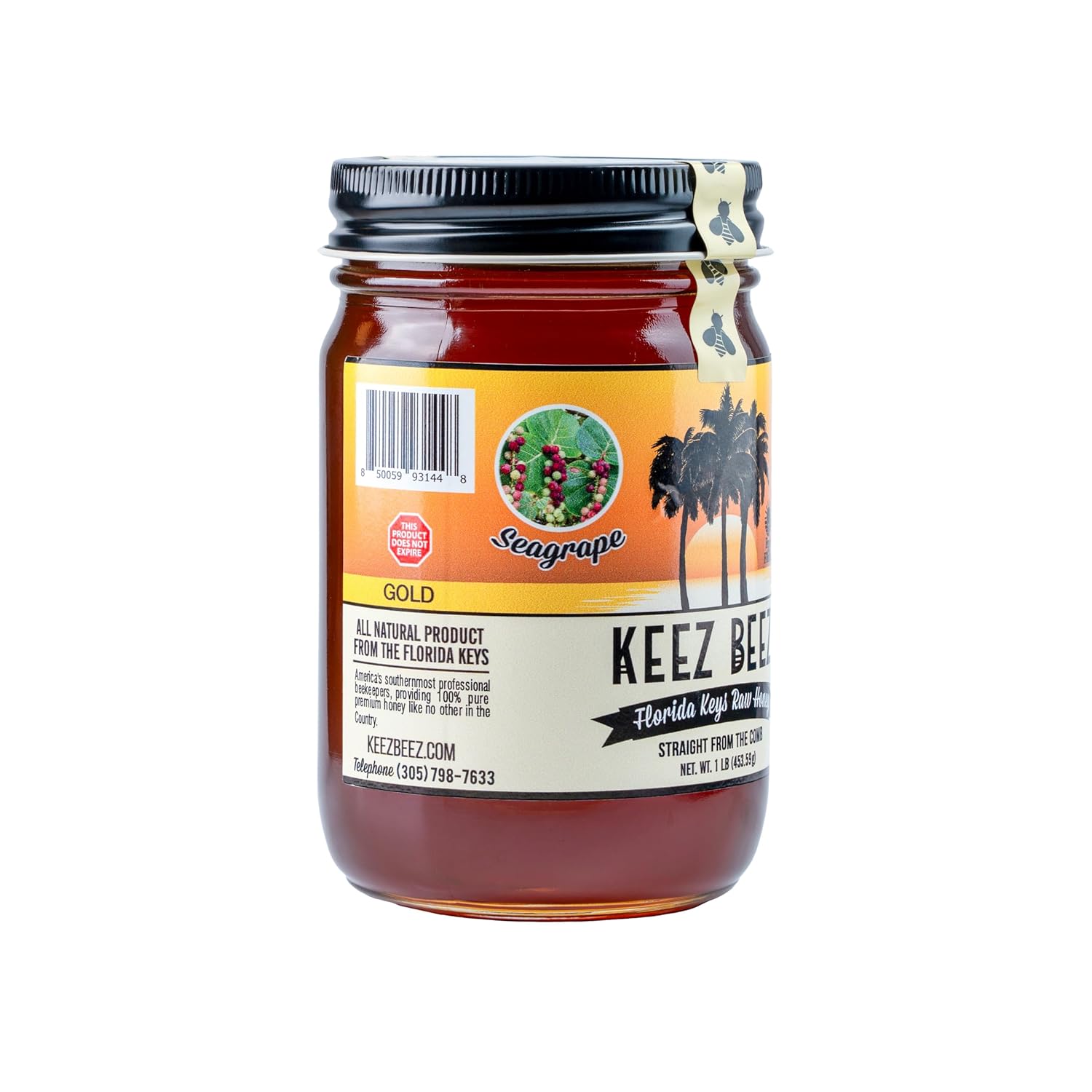 KEEZ BEEZ 100% Natural Raw Gold Honey – Seagrape 16 fl oz (1 lb) in Glass Jar – Organic, Non-GMO, Kosher Certified, Subtle Sweetness with a Hint of Spice, Ideal for Everyday Use