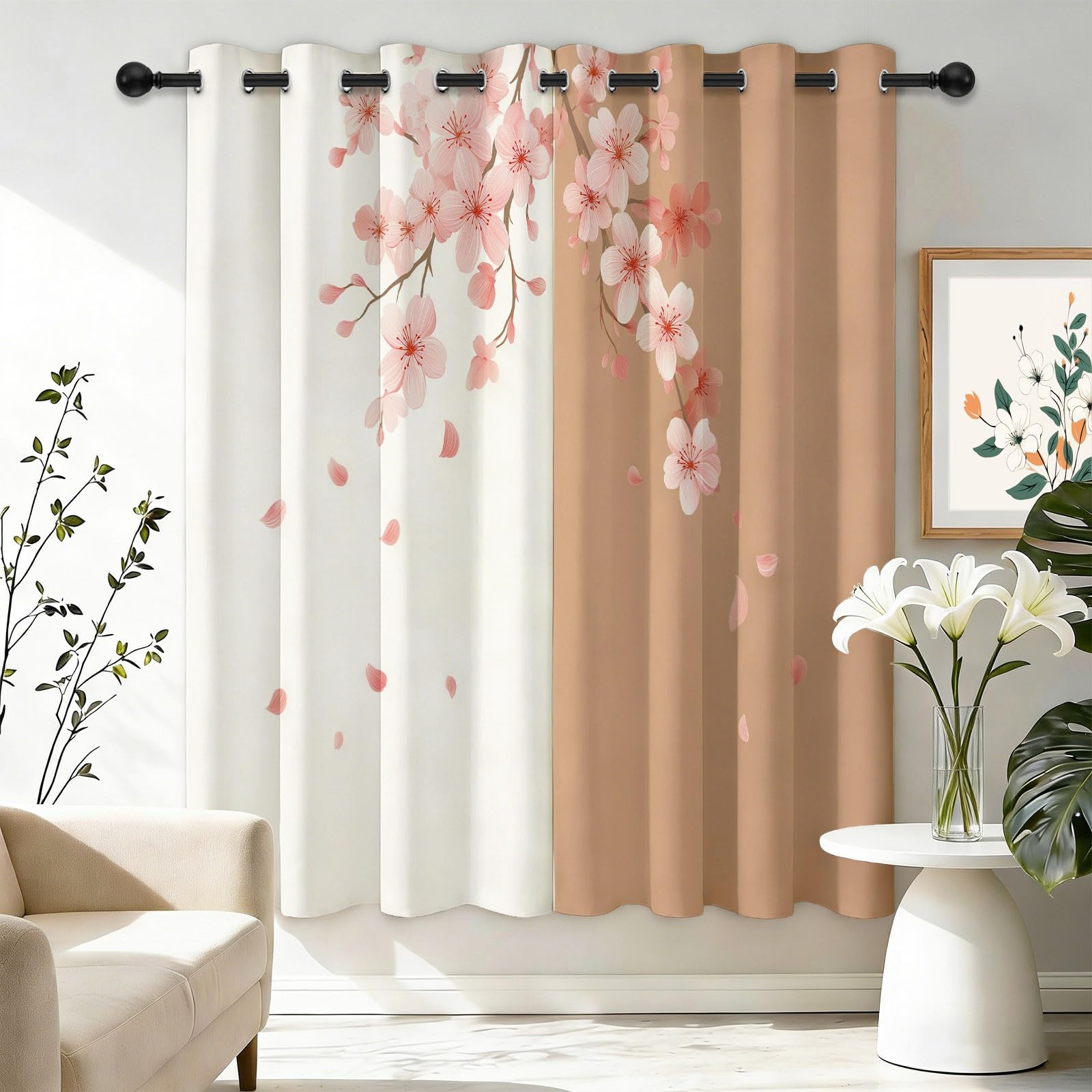 Eleganckie kwiaty wiśni, zasłony z oczkami 70 l x 240H cm (2 panele), nieprzezroczyste termoizolacyjne do drzwi okiennych, beżowo-brązowy