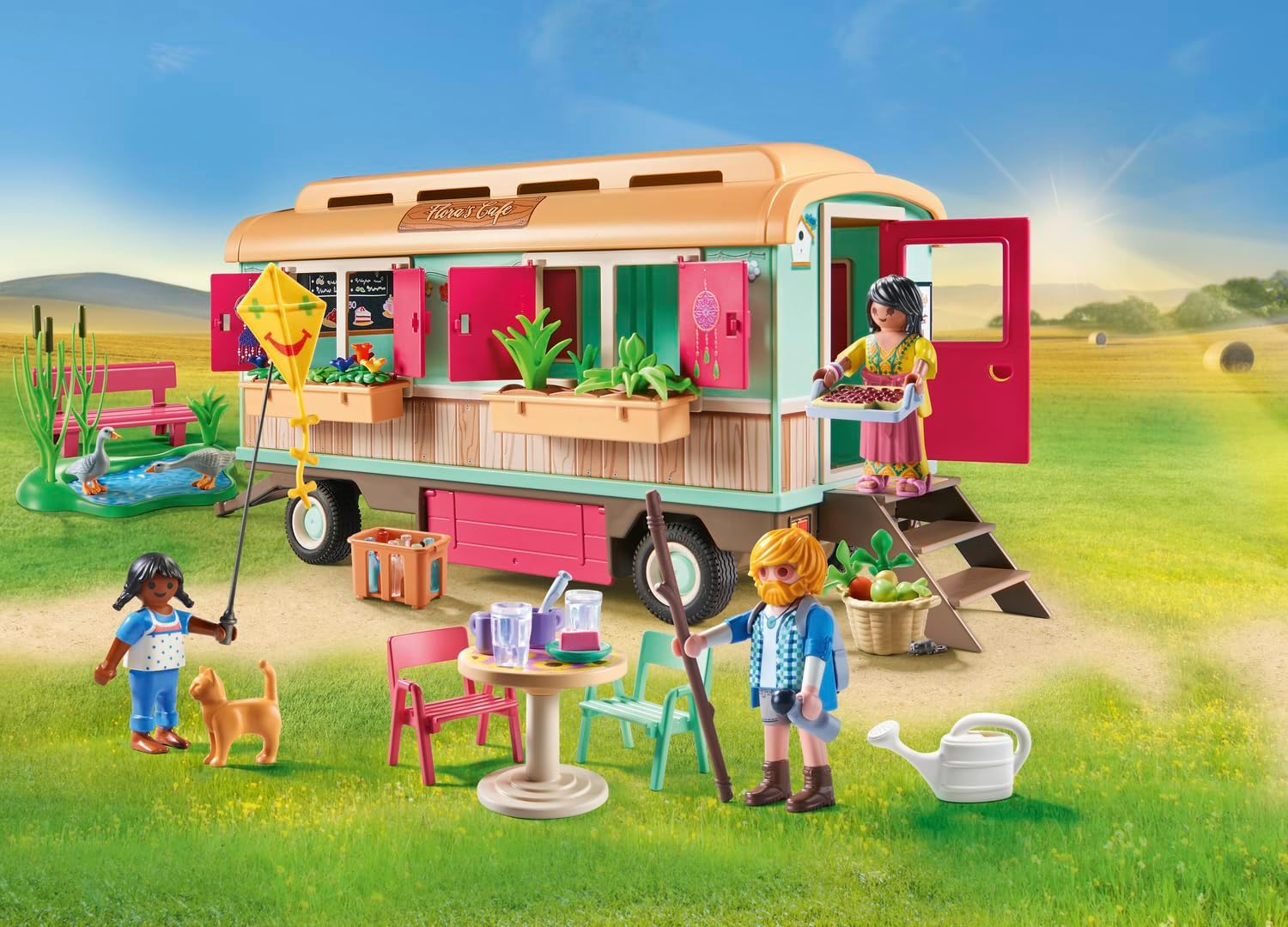 PLAYMOBIL Country 71441 Cozy Trailer Cafe with Detailed Equipment and a Goose Pond Fun Imaginative Role Play, Durable Toy for Children from 4 Years