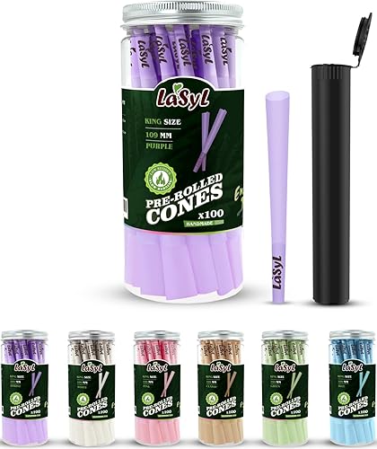 LaSyL Conos preenrollados Paquete de 100 unidades tamaño King (morado) Papel de liar con puntas y tubos de embalaje (4.3 pulgadas4.291 in) Quema