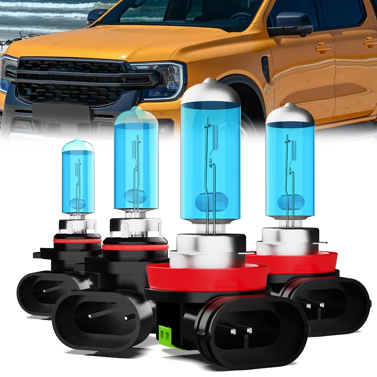 Headlight Bulbs Compatible With Ford Ranger 2021-2022, 9005 High Beam + H11 Low Beam Halogen Light Bulb Combo, Super Bright 6000K White, Plug and Play, Pack of 4