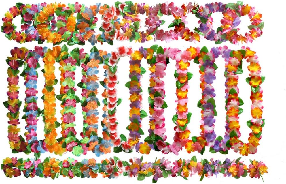 BangShou Hawaiian Flower Garlands with Headbands& Bracelets, Tropical Party Decorations, Hula Necklace Lei, Aloha Tiki Beach Theme Lays for Adults, Caribbean Fancy Dress Accessories