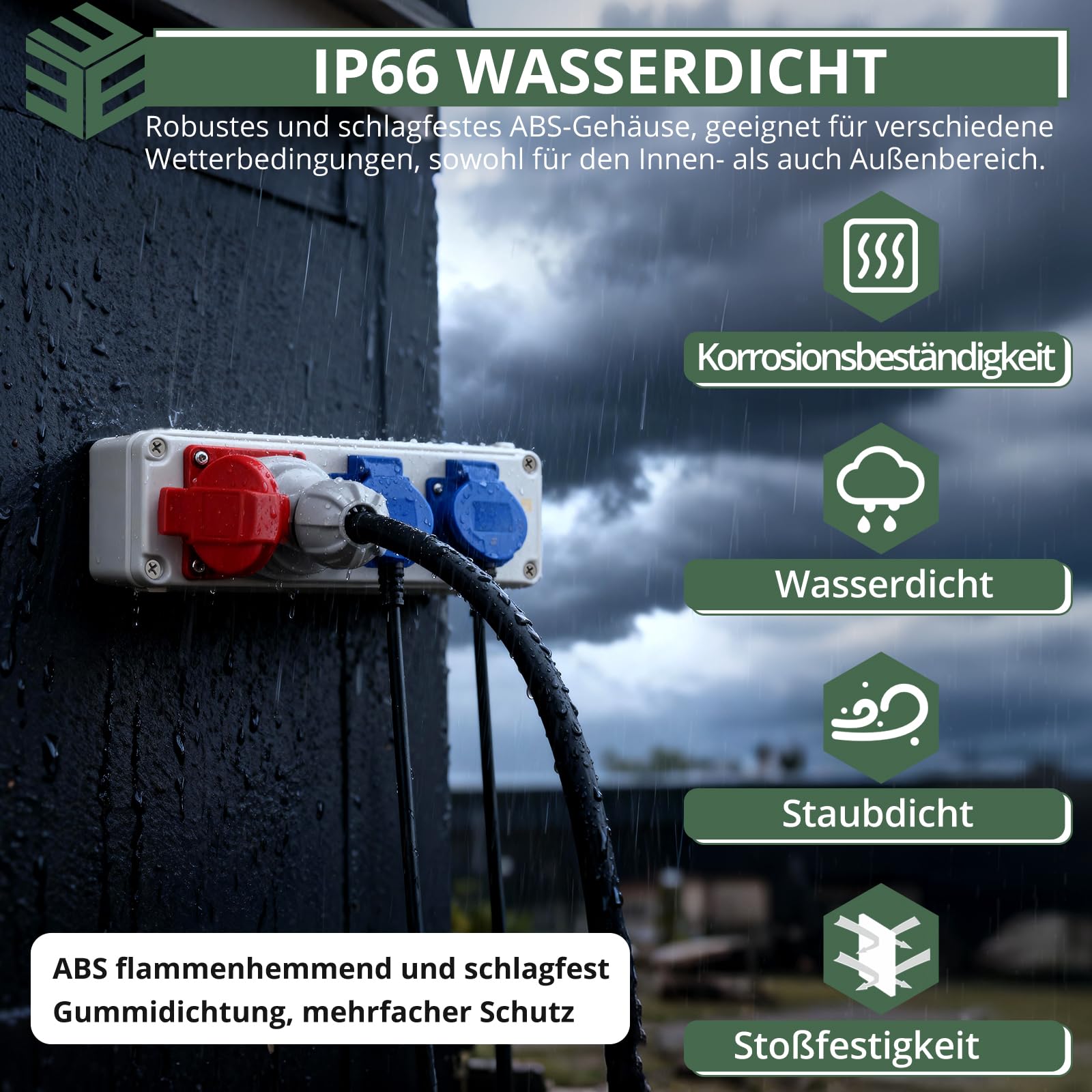 EYPINS Baustromverteiler, Wandverteiler 2x 230V Schuko-, 1x CEE-Steckdose 16A Stromverteiler IP66/IP54 Wasserdicht, Kleinstromverteiler für Innen und Außen Werkstätten Fabriken Festzelte Wohnmobil