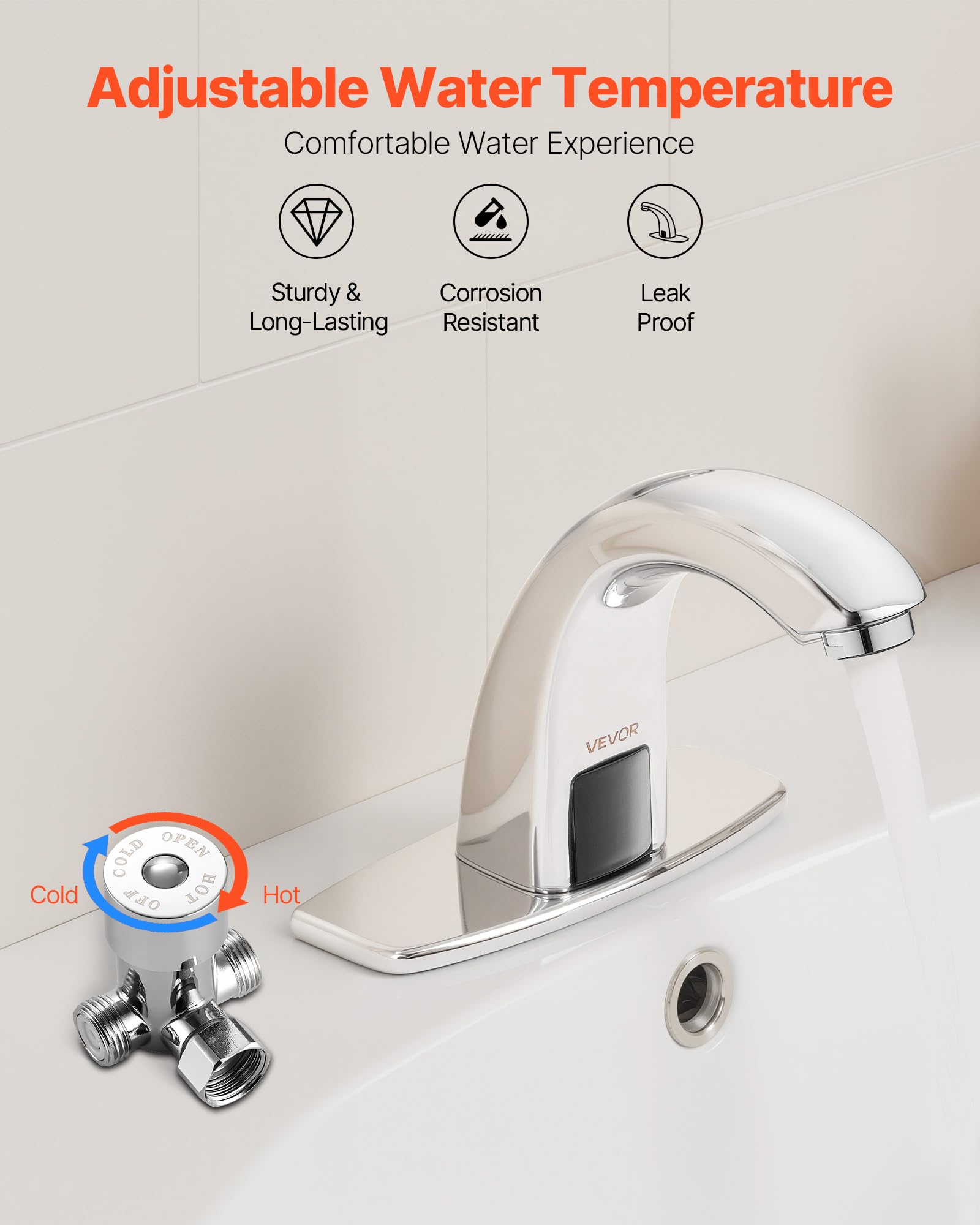VEVOR Grifo de Lavabo Automático sin Contacto para Baño, Cuello de Cisne, Latón, Grifo a Pilas con Temperatura Ajustable y Sensor de Movimiento, Cromado Plateado, 160 x 45 x 125 mm, 7,6 L/min