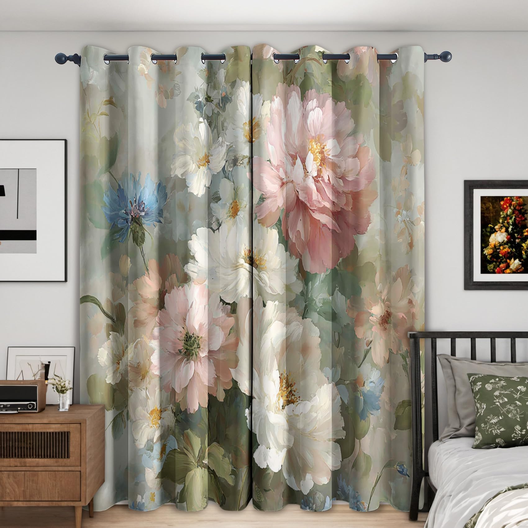 NIYAKA Watercolor Floral Curtain Blackout, Flower Curtains 42x54, Living Room & Bedroom Decor Drapes, Thermal Insulated Eyelet Window Treatments 54 Drop, 2 Panels