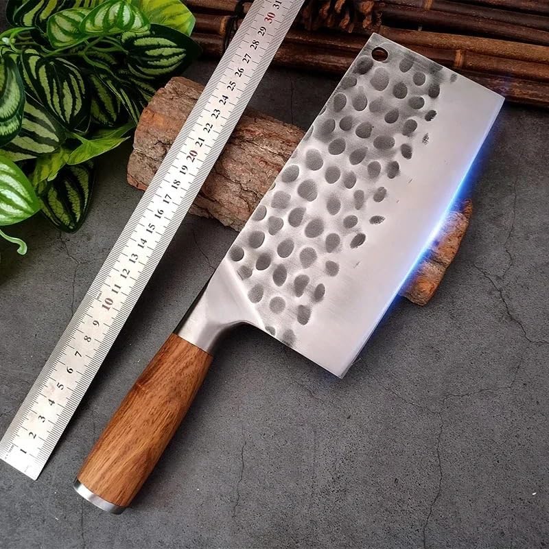 Meat Cleaver Knife, 8 Inch Heavy Kitchen Knives Cleaver Meat Chopping Vegetables Chinese Knife Wood Handle Stainless Steel Chef Knife Hand Forged Blade