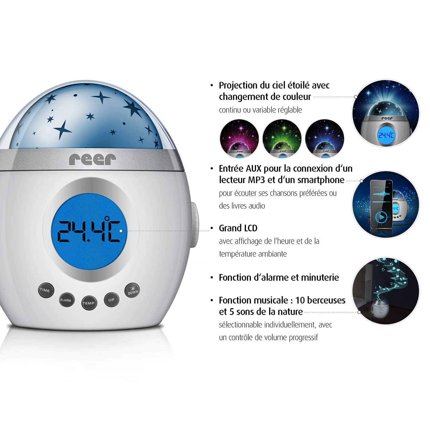 reer Lampe de sommeil MyMagicStarlight 52050 avec projecteur d'étoiles et fonction musicale, 1 pièce (1 paquet)
