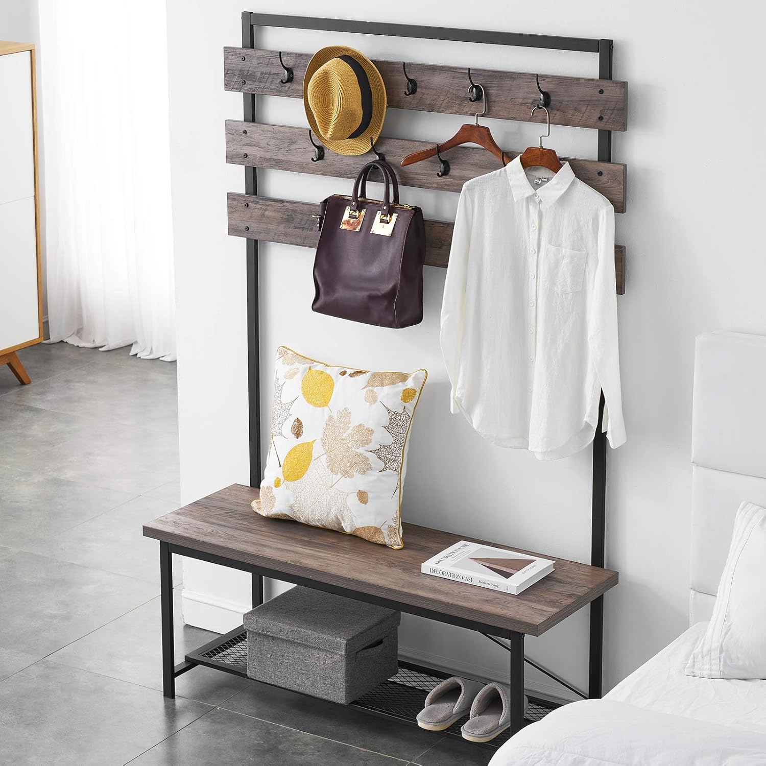 LIFUSTTG Farmhouse Hall Tree for Entryway, Wood and Metal Coat Rack with Shoe Bench, Storage Shelf Organizer, Accent Furniture with Metal Frame (47 Inch) : Home & Kitchen