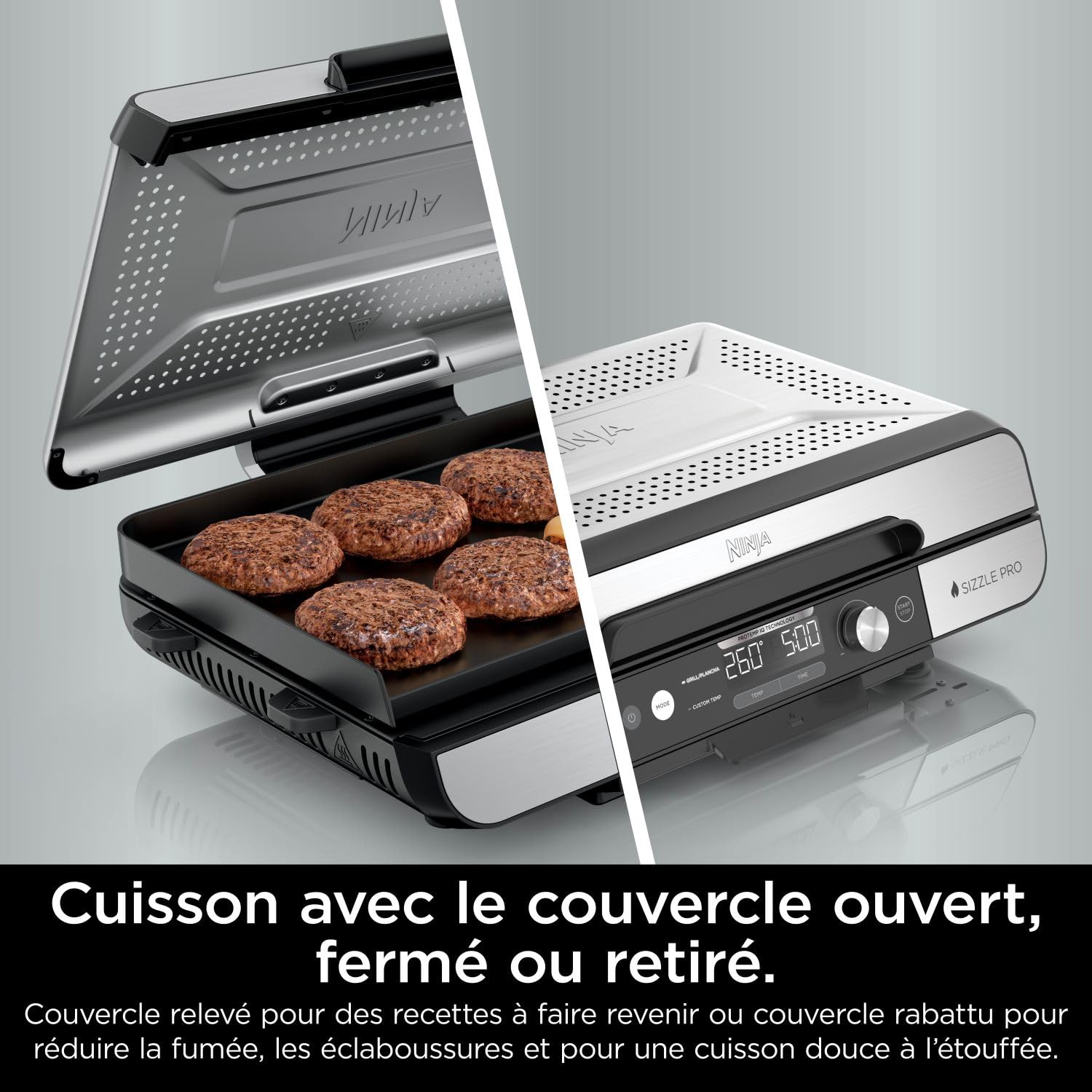 Ninja Sizzle Pro XL Grill Electrique Intérieur & Plancha Electrique Céramique, Grill Multifonction Pour Grillade Maison & Smash Burger, Couvercle, Accessoires, Argent/Noir GX101EU