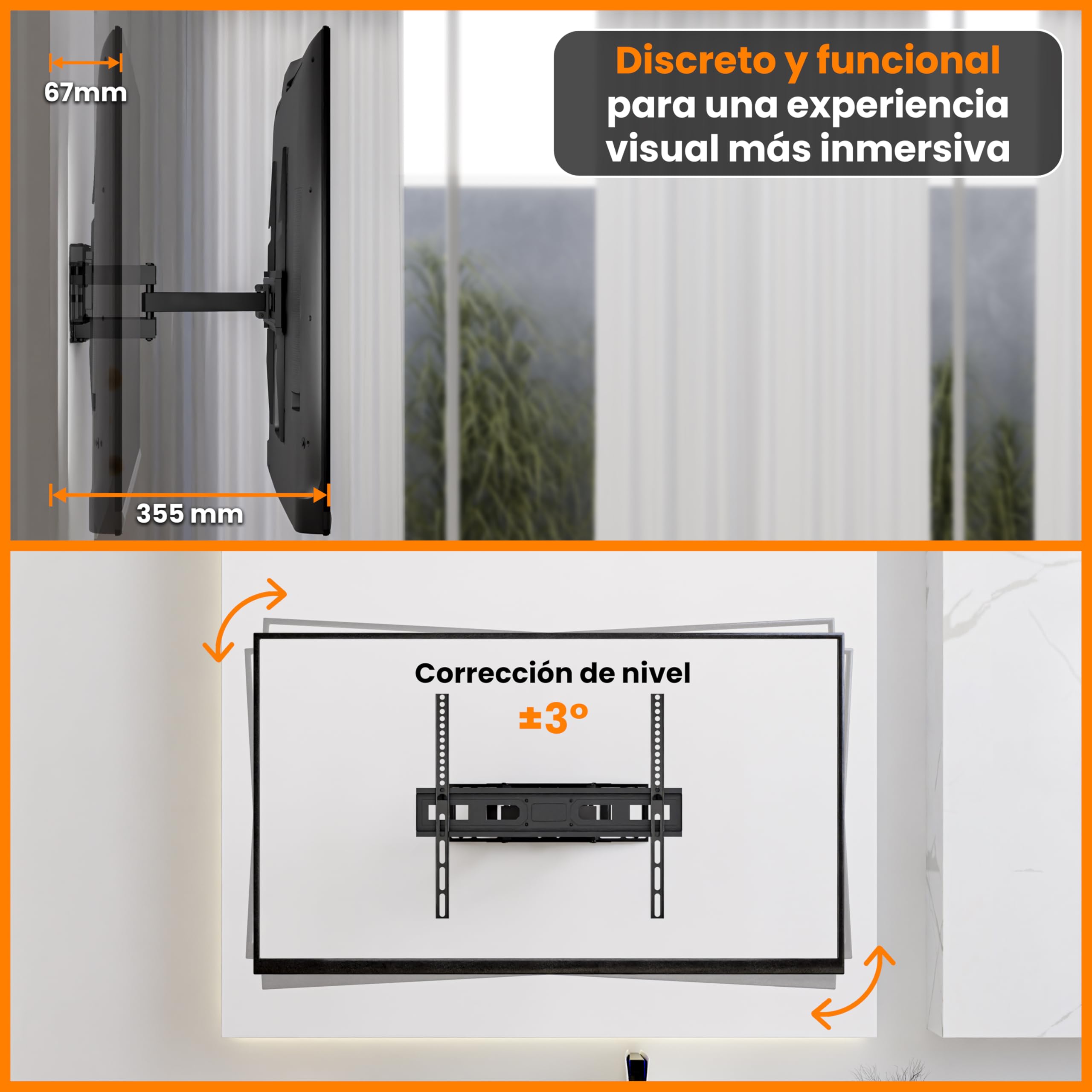 Easylife Soporte de TV de Pared FlexMount E80 Dual 37–80'', Doble Brazo, Inclinable y Giratorio, VESA 600x400, hasta 40KG, Plano Articulado para Televisor Pared con Gestión de Cables