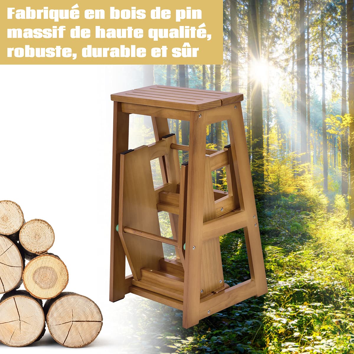 DREAMADE Escabeau Pliant en Bois Marchepied 3 Marches 57x38x66CM avec Patins Antidérapants Tabouret Escalier Multifonctionnel Charge 150KG pour Enfant&Adulte (Naturel)