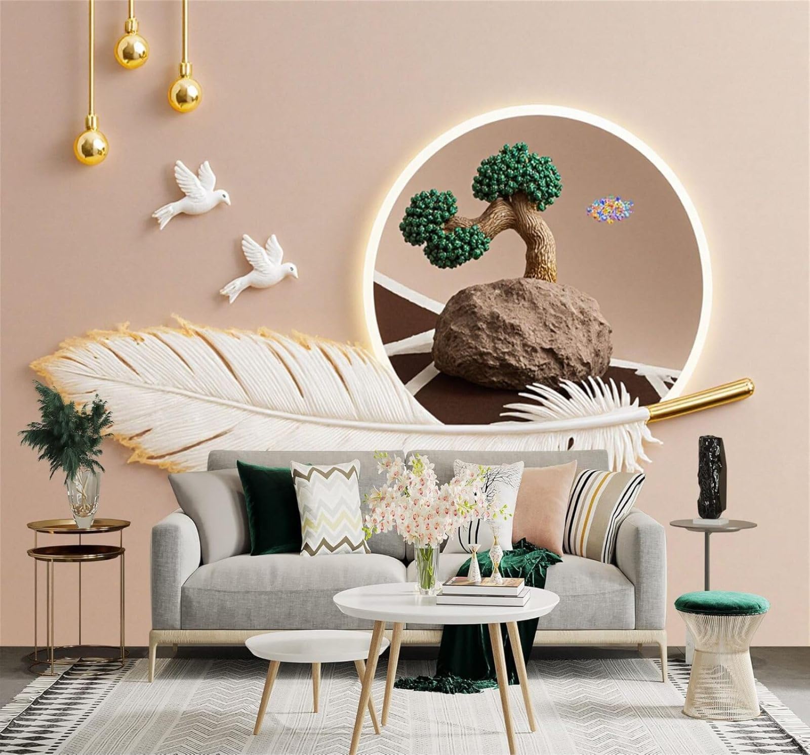 Xlming 300Cm×210Cm(B×H) Minimalist Art Bonsai Tree White Feathers Flying Doves 3D Wallpaper Silky Texture Home Study Office Grey Dining Room Sofa Bedroom Living Room Tv Backdrop-300Cm×210Cm