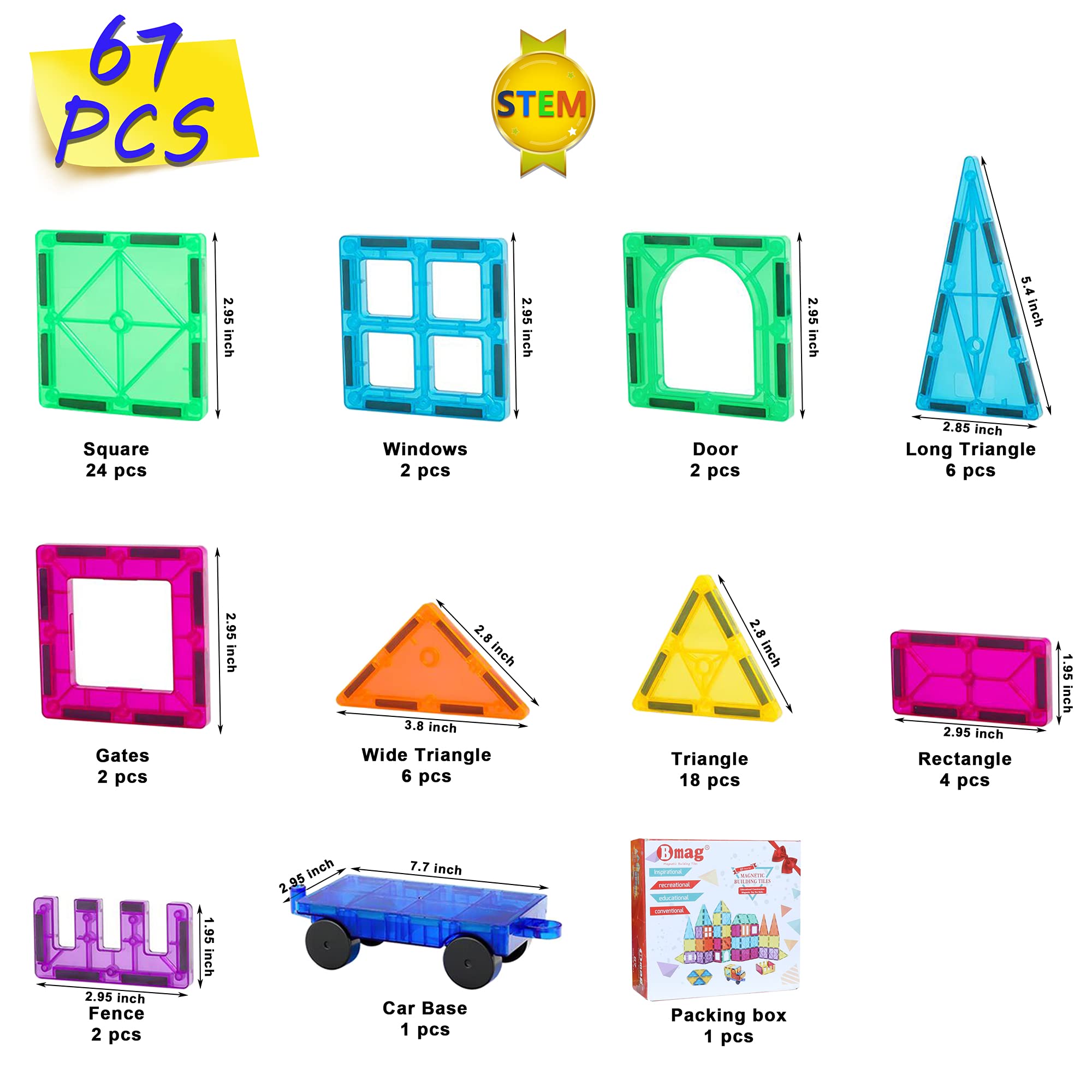 Azulejos magnéticos, 67 piezas con 1 bloque de construcción de automóvil para niños pequeños, imán 3D, bloques de construcción educativos STEM para niños y niñas, juguetes Montessori apilables 2