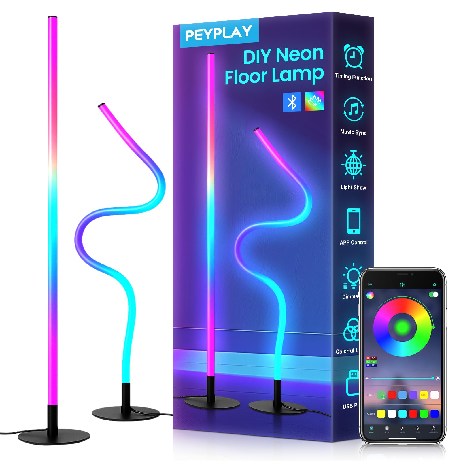Lámpara de pie de esquina LED RGB, forma ajustable inteligente, sincronización de música, 16 millones de colores de bricolaje, control remoto y aplicación, luz de pie moderna para dormitorio