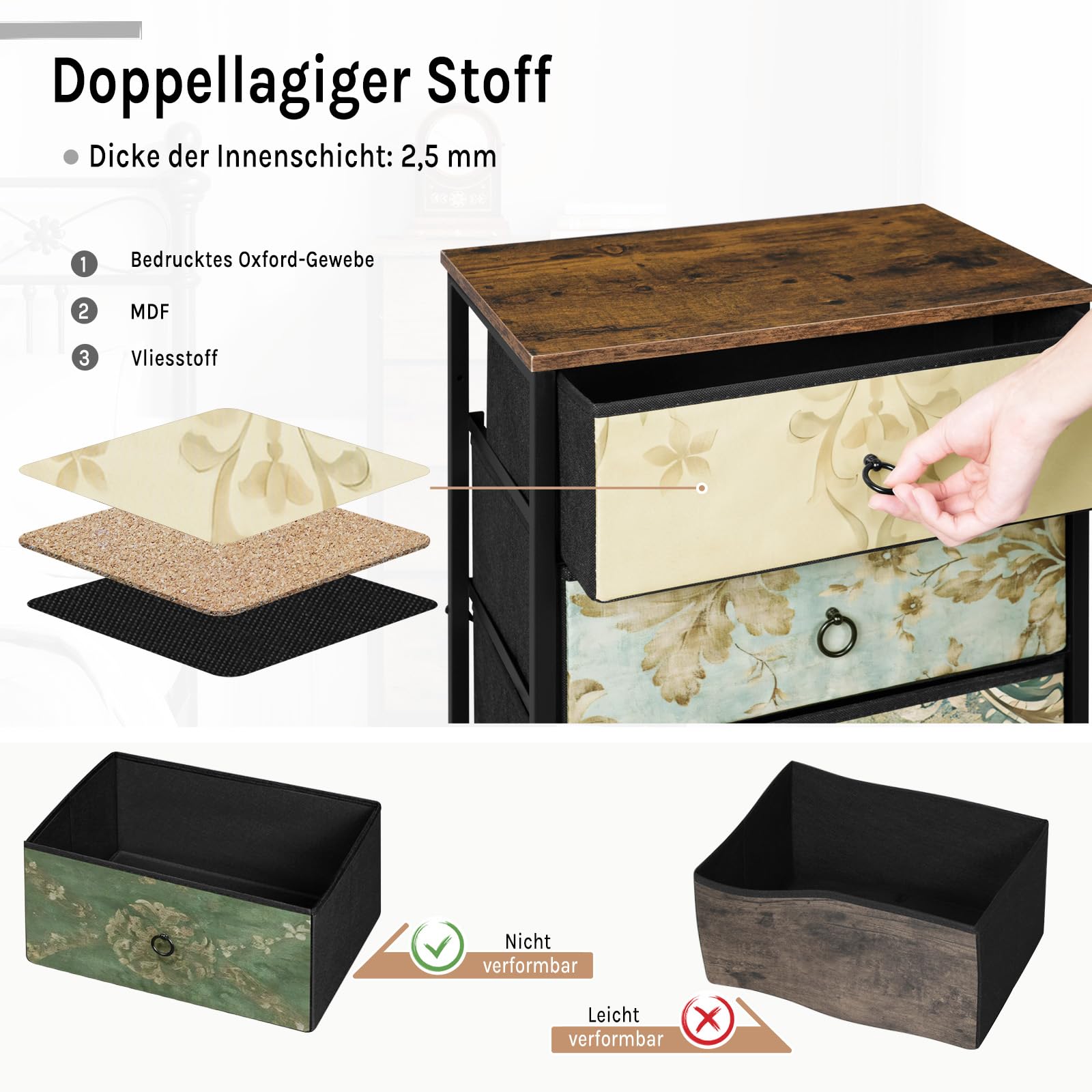 WOLTU Kommode mit 5 Schubladen aus Stoff, Sideboard Schubladenschrank, für Wohnzimmer Schlafzimmer Flur, Rustikales Braun mit Vintage-Blumenmotiv, 45。5x95.5x30 cm, SSK004pw