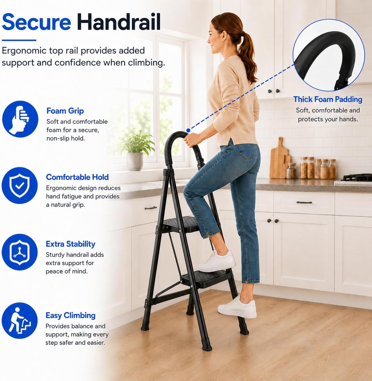 2 Step Ladder, Folding Step Stool with Wide Anti-Slip Pedal, Sturdy Step Stool Foldable, Lightweight, (Black, 2-Step)