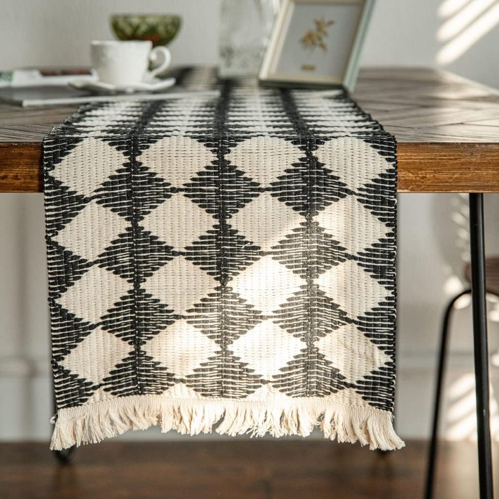 Table Decoration Table Runner Cotton Thread Black and White Woven Table Runners for Home Party Decor(34x350cm)