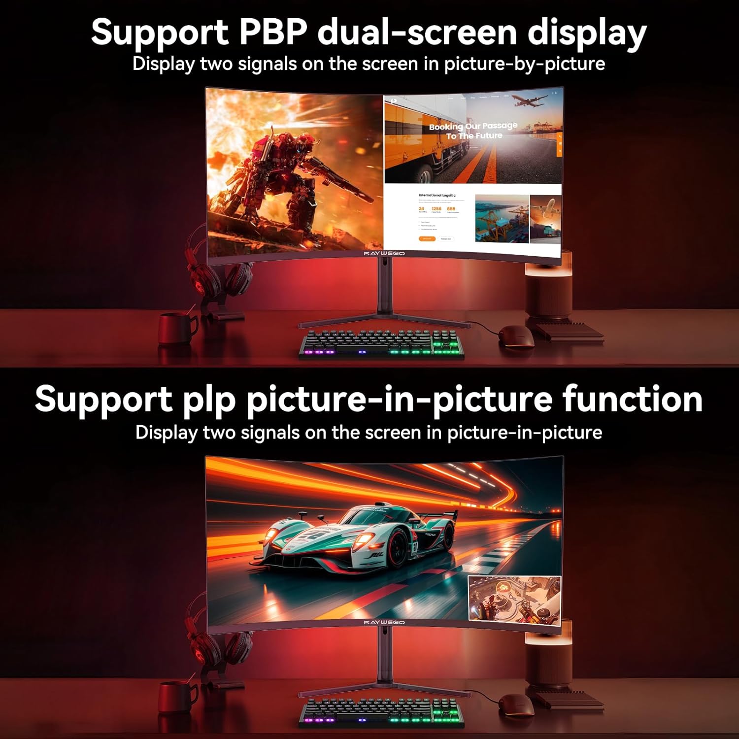 Raywego 34" Ultrawide Curved Gaming Monitor, 21:9 WQHD 3440x1440p 165Hz with RGB Immersion, FreeSync PIP/PBP | 127% sRGB | HDMI 2.0 & DP1.4 | Built-in Crosshair