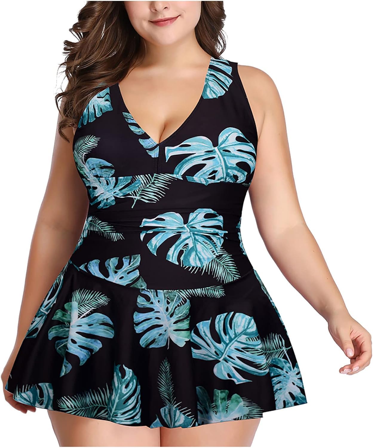 Storm Island Women's Black Leaves Swimsuits For Floral V Neck Swimdress Floral Printed Tummy Control Plus Size Swimwear For Plus Size Tankini Swimming Costume Bathing Suits Swim Dresses Beachwear Top Uk Size (L-4Xl)