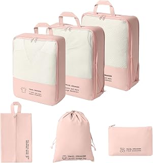 Compression Pack Cubes Set - 6 Pieces Lightweight Expandable Travel Travel Organizers for Suitcases, Travel Accessories for Carry-on (Pink)