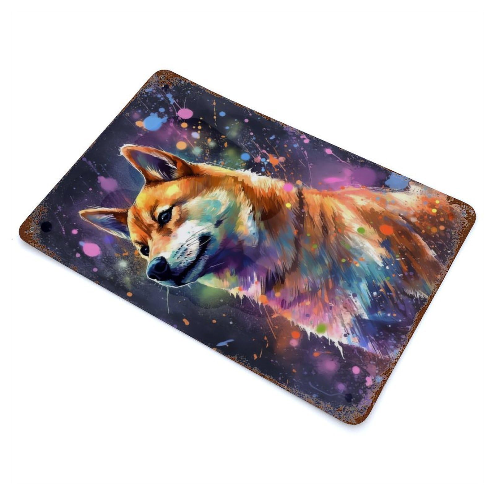 Rustic Tin Plaque with Shiba Inu Painting Design 11.8"x7.9", for Cafe, Home Bar And Lounge Decor, Industrial Home Decor