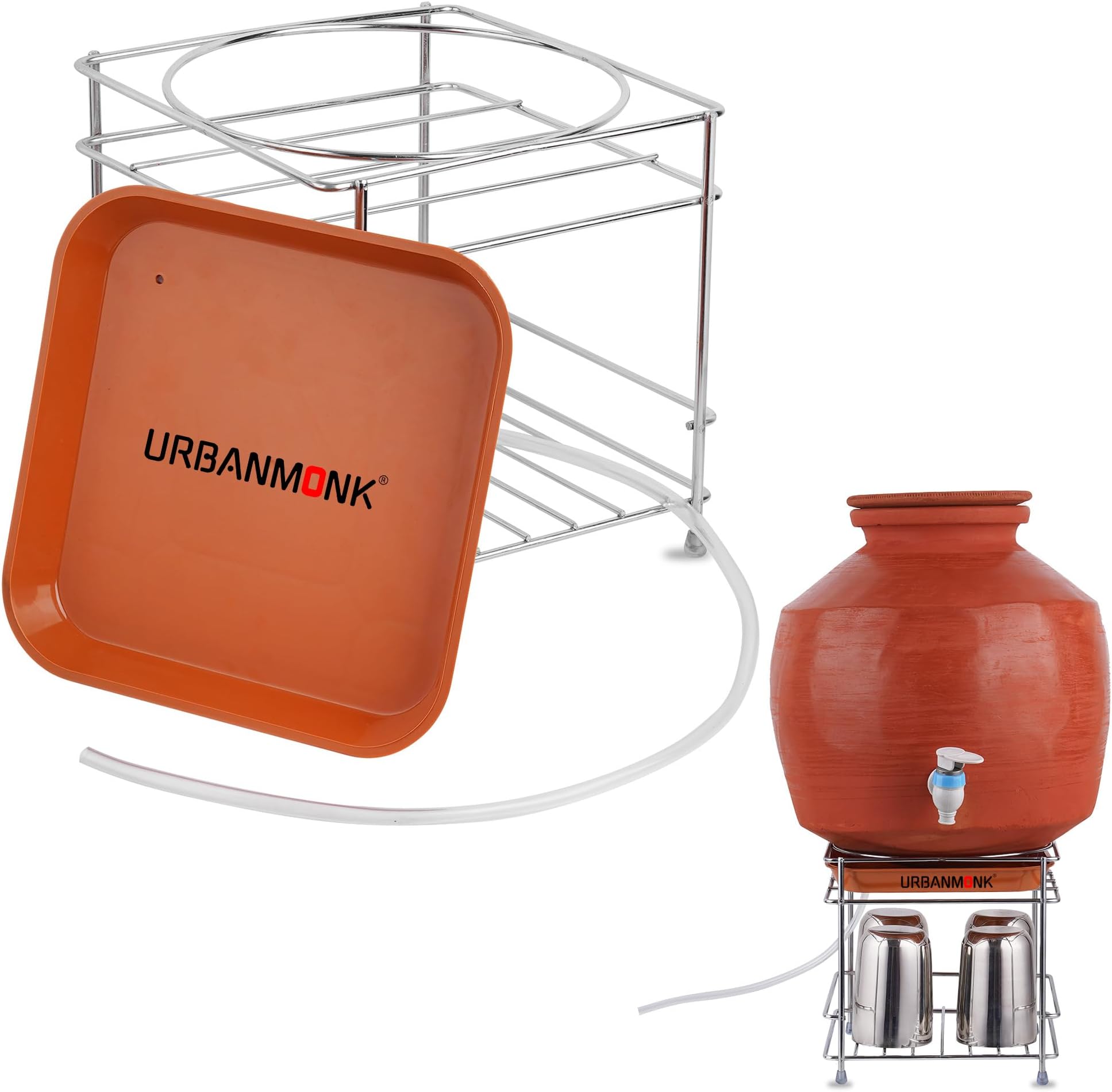 URBANMONK Round Surface Matka Stand for Water Pot with Pipe Fitted Drain Water Try | Steel Matka Stand for Kitchen | Water Pot Stand for Kitchen| SIZE: 8 X 8 X 7.5 Inch, (Pot & Glass NOT include)